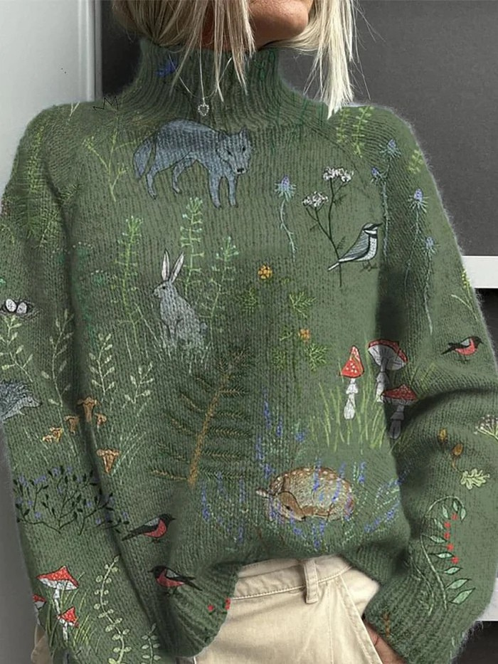 Norma | Knitted forest and animal print turtleneck sweater